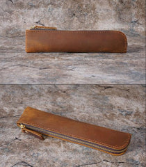 Brown Vintage Crazy Horse Leather Zippered Pen Case - Retro Pencil Pouch & Small Accessories Bag