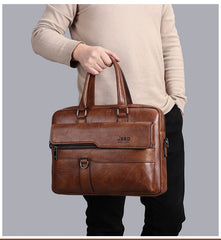Coffee Men's PU Leather Briefcase - Vintage Style Laptop Messenger Bag, Crossbody Satchel for Business & Casual