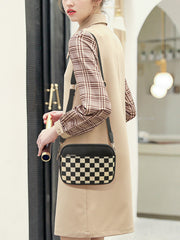 Black Stylish Checkerboard Crossbody Camera Bag - PU Leather with Adjustable Wide Strap
