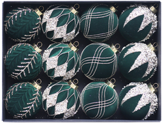 Green 12-Piece 8cm Christmas Bauble Set - Colorful Flocked Tree Ornaments