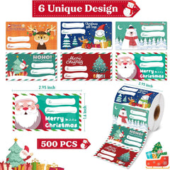 Set of 4 Christmas Gift Tag Sticker Rolls - 2000 Self-Adhesive Labels for Presents
