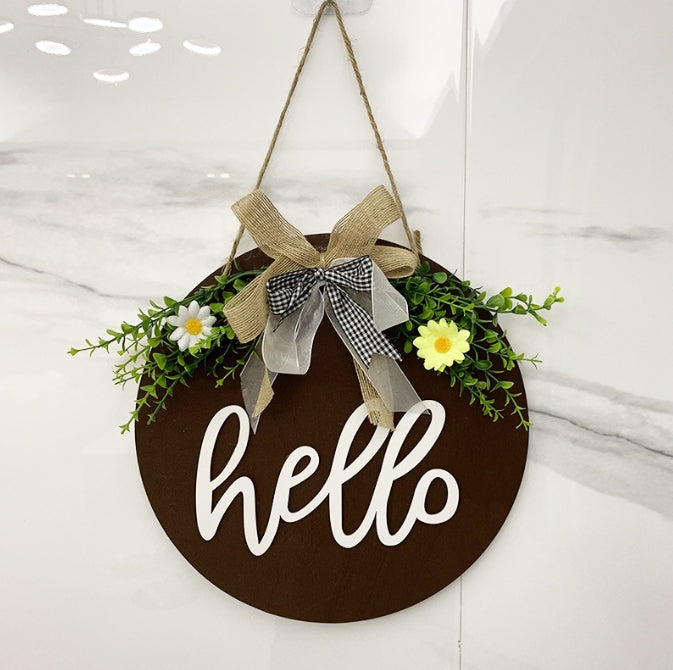 Brown Rustic 'Hello' Welcome Sign - Farmhouse Round Wooden Wreath for Front Door Decor