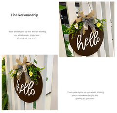 Brown Rustic 'Hello' Welcome Sign - Farmhouse Round Wooden Wreath for Front Door Decor
