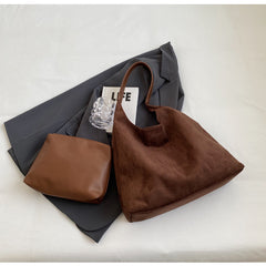 Beige Chic Faux Suede Tote Bag with Matching Pouch | Large Capacity Slouchy Shoulder Bag