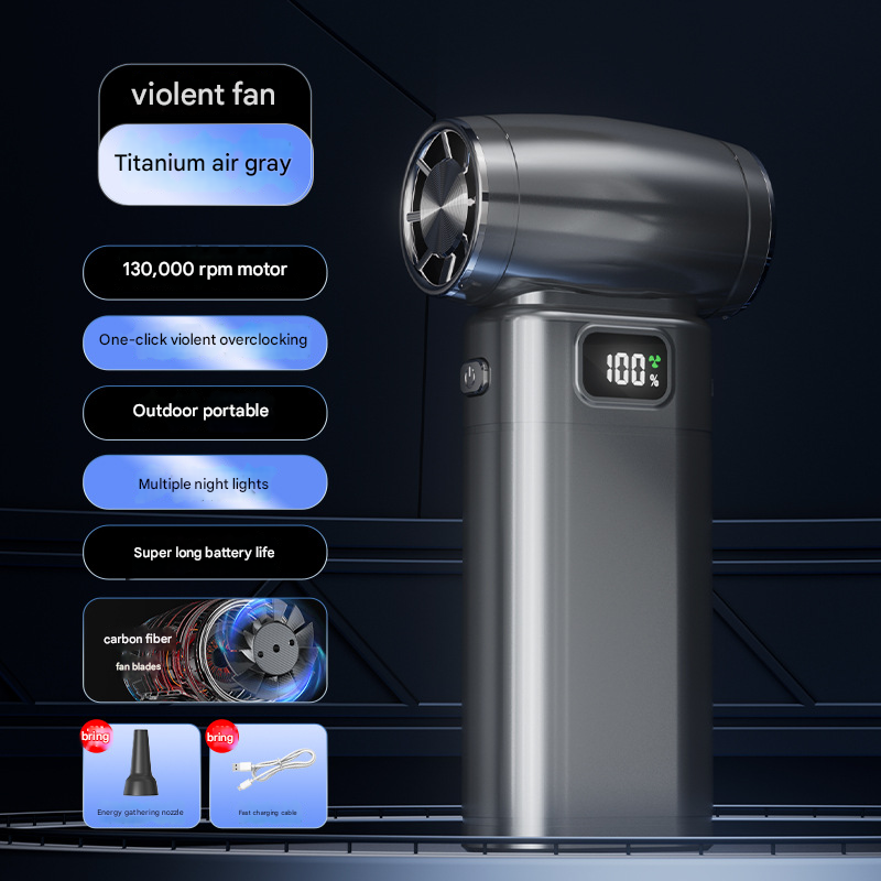 Black Portable High-Speed Turbo Fan & Air Duster - 130,000 RPM Brushless Motor, Rechargeable Blower