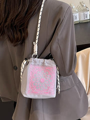 Chic Drawstring Bucket Bag with Intricate Print - Adjustable Rope Strap, Lightweight Fabric(Gray)