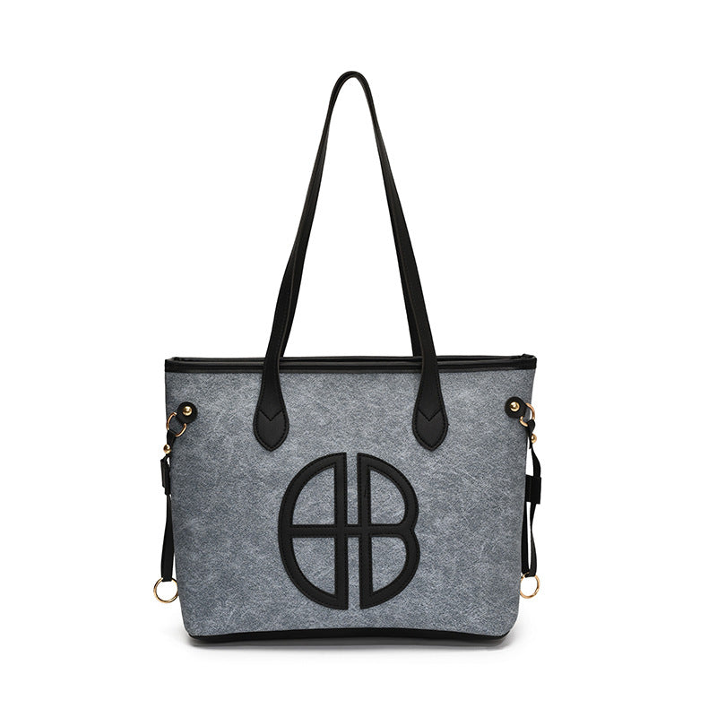 Stylish Large Capacity Tote Bag with PU Leather Trim & Logo Detail(Blue with black)