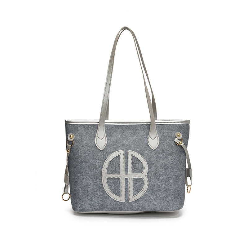 Stylish Large Capacity Tote Bag with PU Leather Trim & Logo Detail(Blue with Silver)