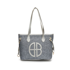 Stylish Large Capacity Tote Bag with PU Leather Trim & Logo Detail(Blue with Silver)