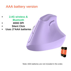 Ergonomic Vertical Mouse - Multi-Device Bluetooth5.0 & 2.4G Wireless, Adjustable DPI, Silent Click(Purple)