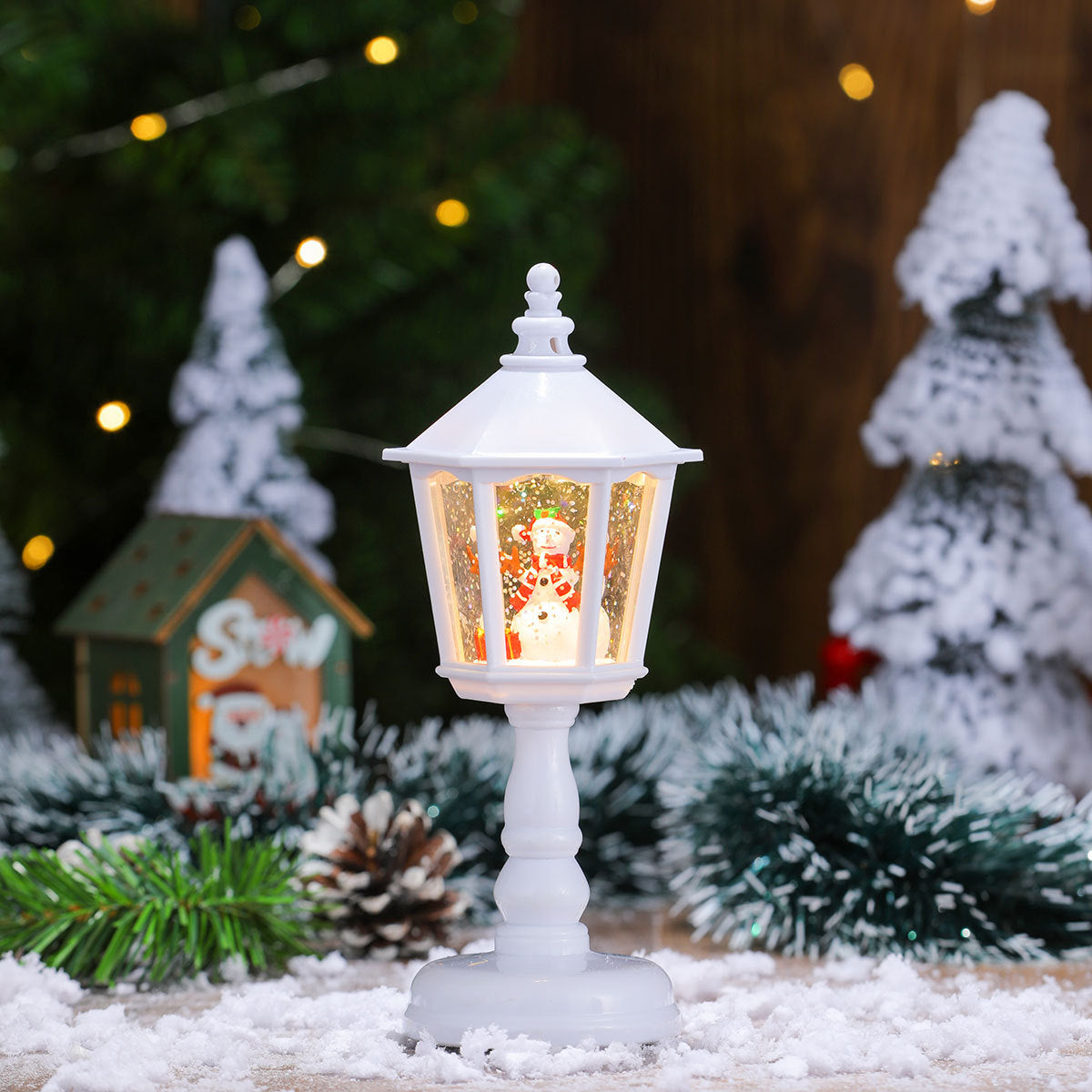 Festive LED Christmas Snow Globe Lantern - Glittering Tabletop Decoration with Santa/Snowman Scene, Dual Power(white)