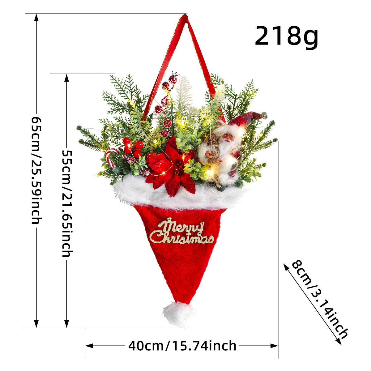 Illuminated Santa Hat Door Hanger with Holiday Greenery & Berries - Christmas Wall Decor(red)