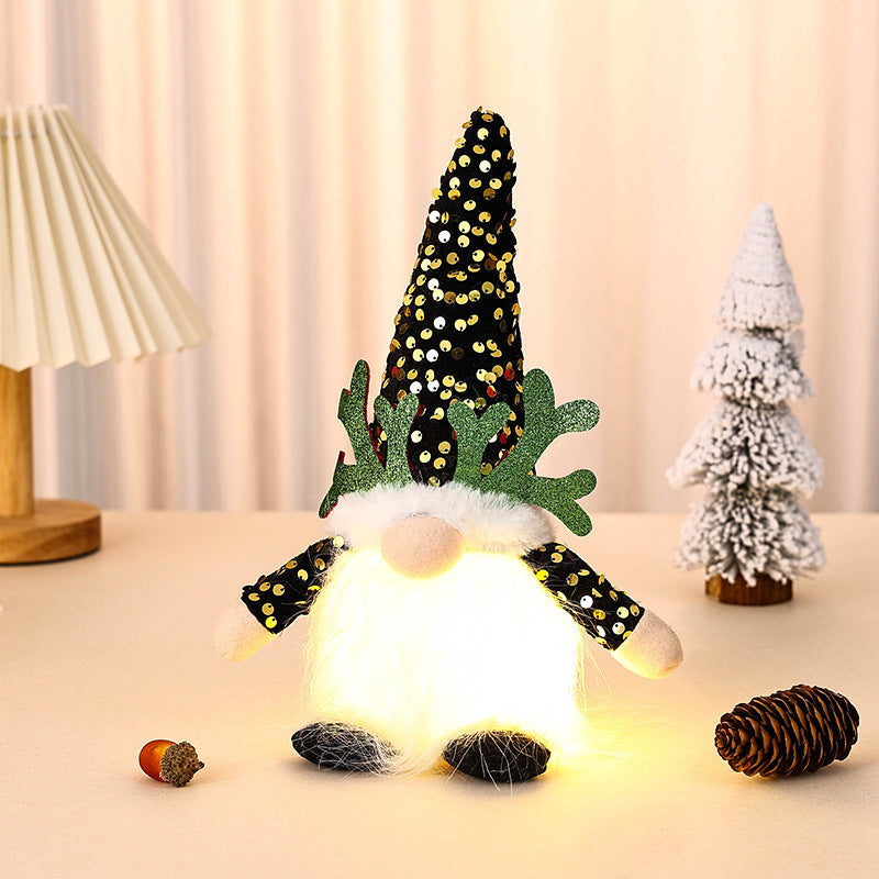 Light-Up Christmas Gnome Plush Doll with Sequin Hat & Antlers - Festive LED Tabletop Decoration(gold)