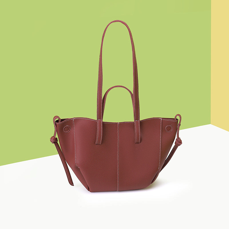 Red Chic Minimalist PU Leather Tote Bag - Women's Versatile Shoulder Handbag with Contrast Stitching