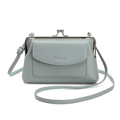 Blue Women's Vintage Kiss Lock Crossbody Bag - PU Leather Clutch Purse with Detachable Strap