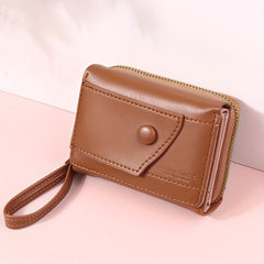 Black Chic Compact Trifold Wallet for Women - PU Leather Card Holder with Zipper Coin Purse & Wristlet Strap