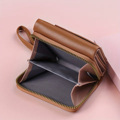 Pink Chic Compact Trifold Wallet for Women - PU Leather Card Holder with Zipper Coin Purse & Wristlet Strap