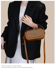 Brown Elegant Top Handle Crossbody Bag - Structured PU Leather Box Purse for Women