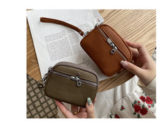 Olive Green Women's Mini Genuine Leather Coin Purse Double Zipper Organiser Multi-function Wristlet Wallet
