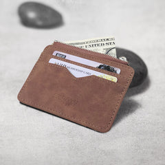 2 Pcs Brown Men's Slim Frosted PU Leather Card Holder Wallet with Zip Coin Pocket Multi-Card ID Case