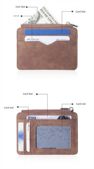 2 Pcs Brown Men's Slim Frosted PU Leather Card Holder Wallet with Zip Coin Pocket Multi-Card ID Case