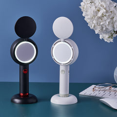 Black 2-in-1 Handheld Fan with LED Makeup Mirror - Portable USB Rechargeable Beauty Light Fan with Desktop Base - 3 Speed Quiet Airflow for Travel & Summer