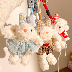 Blue Cute Floppy Eared Bunny Plush Doll with Pearl Necklace and Ribbon Dress - Adorable Keychain or Bag Charm for Girls(F-4973)