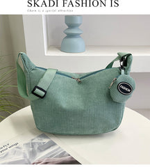 Green Minimalist Corduroy Crossbody Bag – Large Capacity Single Shoulder & Diagonal Sling Bag in Korean Style