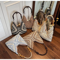 Beige and Brown Stylish Hand-Woven Paper Rope Bag – Boho Crochet Tote for Summer & Travel