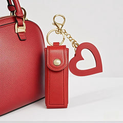 Red Portable Lipstick Case with Heart Mirror & Keychain – Cute PU Leather Holder (3-Pack)