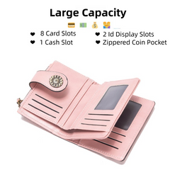 Red Korean Style Cutout Compact PU Leather Wallet - Women's Mini Bifold Purses with 8 Card Slots, 2 ID Window & Coin Zip Pocket