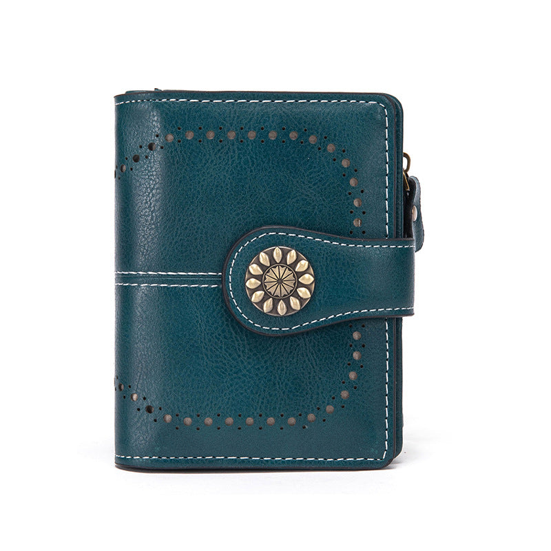 Dark Blue Korean Style Cutout Compact PU Leather Wallet - Women's Mini Bifold Purses with 8 Card Slots, 2 ID Window & Coin Zip Pocket