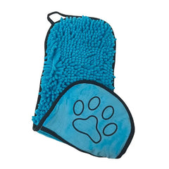 Blue Super Absorbent Pet Bath Towel with Hand Pockets Quick Dry Chenille Microfibre for Dogs and Cats Large Size 62cm