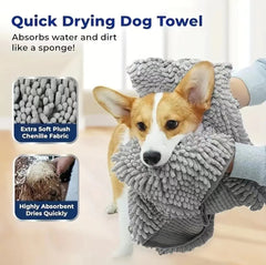 Blue Super Absorbent Pet Bath Towel with Hand Pockets Quick Dry Chenille Microfibre for Dogs and Cats Large Size 62cm