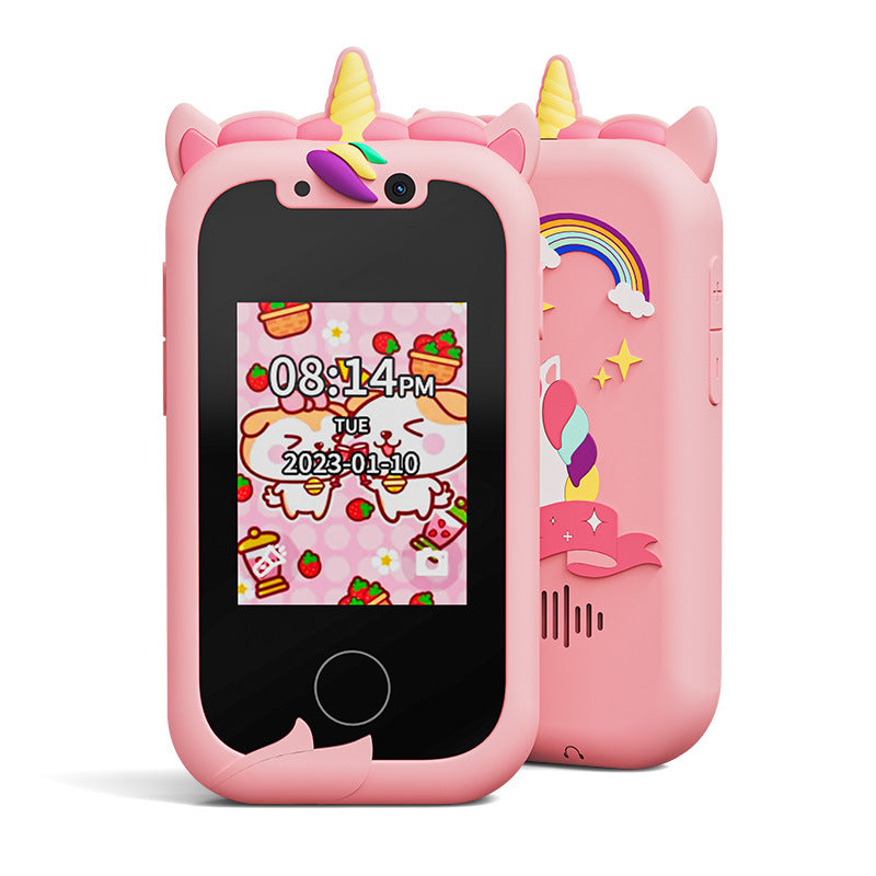 Kids Unicorn Smart Phone Toy with Dual Camera and IPS Touch Screen Educational Games MP3 Music Player 512MB Card Included Pink Silicone Case Ideal for Girls Gift