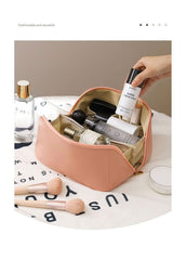 Large Capacity Travel Cosmetic Bag Portable PU Leather Pillow Pouch Waterproof Make Up Organiser Toiletry Case with Handle Classic Black