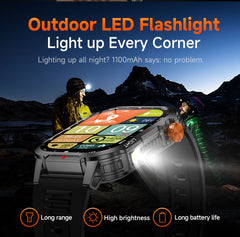 Rugged Outdoor Smart Watch for Men - 1100mAh Extra Long Battery with LED Flashlight & Compass - 2.01" HD Screen Bluetooth Calling IP68 Waterproof Fitness Tracker - Camouflage Color