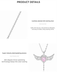 S925 Sterling Silver Angel Wings Necklace with Pink Heart Crystal & Tassel Drop Adjustable Chain Jewellery Gift for Her