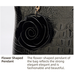 Dark Blue Patent PU Leather Crocodile Embossed Shell Bag(30 x 11 x 26 CM) with Floral Pendant