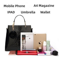 Dark Coffee Patent PU Leather Crocodile Embossed Shell Bag(30 x 11 x 26 CM) with Floral Pendant
