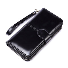 Black Women's Long Buckle Closure Wallet - PU Lether Large Capacity Multi-Slot Card Holder & Purse Combo wIth Wristband