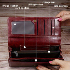 Red Women's Vintage Oil Wax Leather Long Wallet - Elegant Large Capacity Purse with Secure Zipper