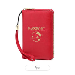 Red RFID Blocking Travel Passport Holder - Multi-functional Waterproof PU Leather Security Travel Wallet with Zipper and Wristband