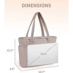 White Quilted Puffer Nylon Tote/Laptop Bag for Women with Internal Cup Holder and Front & Side Pockets - Multi-Pocket Travel Handbag Fit in 15.7" Laptop