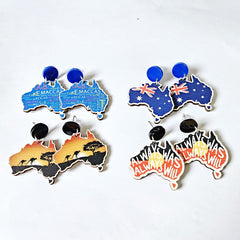4-Pair Wooden Australia Map Silhouette Earrings - Lightweight Geometric Ear Drops, Cultural Decor Gift