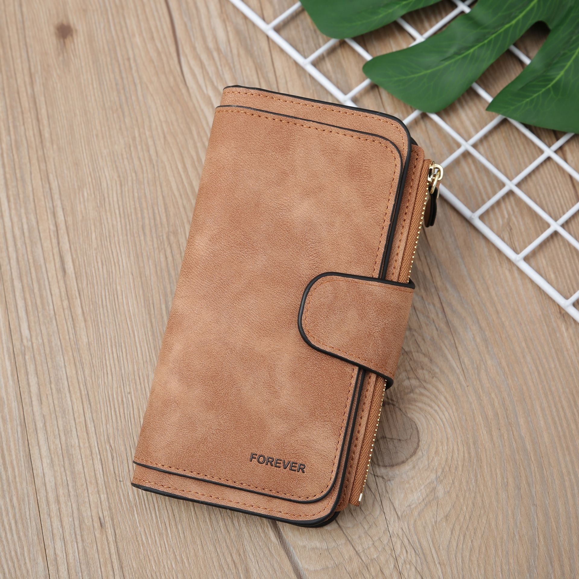 Brown Large Capacity Long Wallet Frosted PU Leather Clutch Bag with 14 Card Slots and Zipper Compartment fits Smartphone for Everyday Use Australia