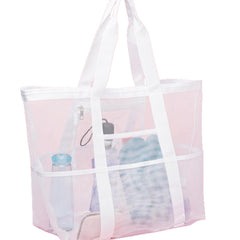 2-PCS White Mesh Beach Tote Bag – Large Capacity Swim Gear Organizer with Multiple Pockets for Shoes, Swimsuits, and Essentials