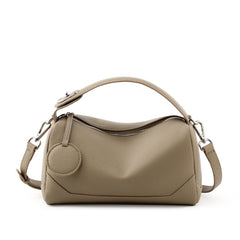 Grey Women Genuine First Layer Cowhide Boston Bag Fashionable Handheld Crossbody Shoulder Bag with 115cm Adjustable Strap