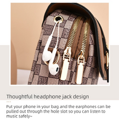 Coffee color rhombus Women's Mini Crossbody Phone Bag Compact PU Leather with Multiple Pockets and Headphone Port for Daily Travel Stylish Hands-Free Storage for Local Fashion