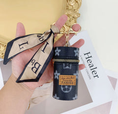 Black Mini Cylinder Lipstick Case Keychain with Silk Scarf Charm PU Leather Coin Purse Bag Pendant for Earphones Keys Vintage Floral Pattern